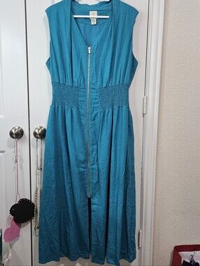 Linen Blend Sleeveless Teal Zip-Front Midi Dress by Joie